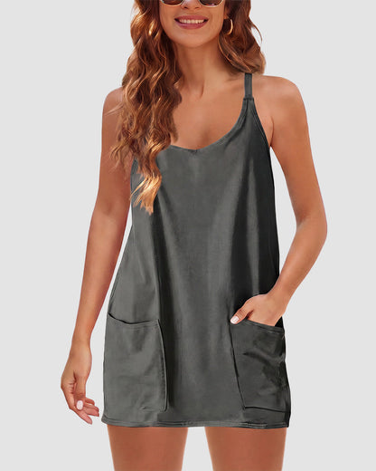 Adjustable Strap Active Mini Dress with Built-In Shorts & Pockets