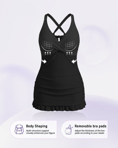 Deep V Cross-Back Ruched One-Piece Swimsuit