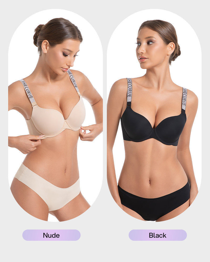 Deep V Push-Up Underwire Bra with Rhinestone Strap
