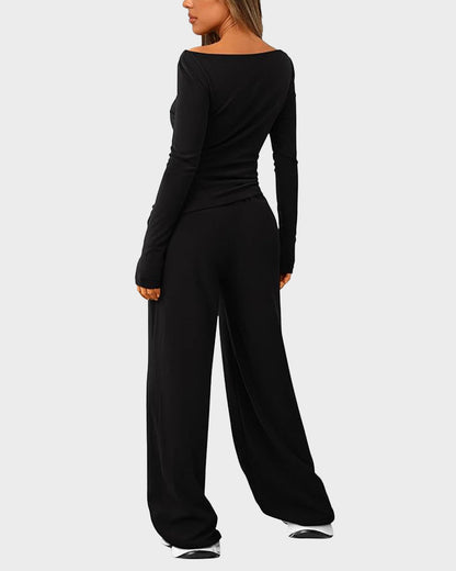 Long Sleeve Tee & Wide Leg Pants 2 Piece Lounge Set