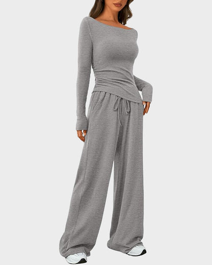 Long Sleeve Tee & Wide Leg Pants 2 Piece Lounge Set