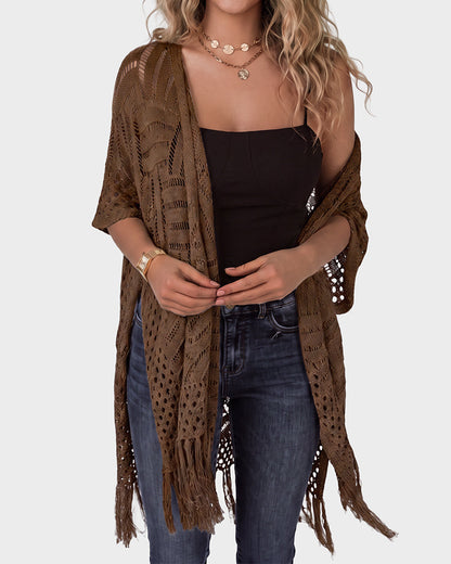 Open-Front Crochet Tassel Kimono Cardigan