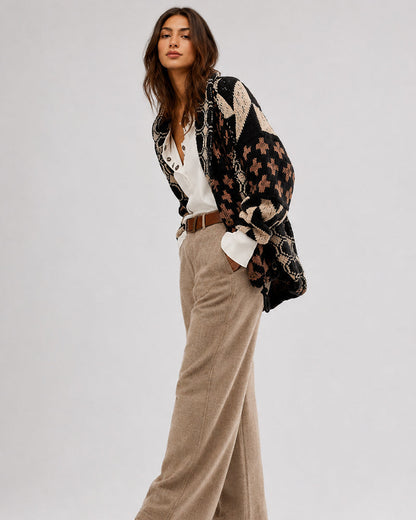Oversized Graphic Button-Down Knit Cardigan