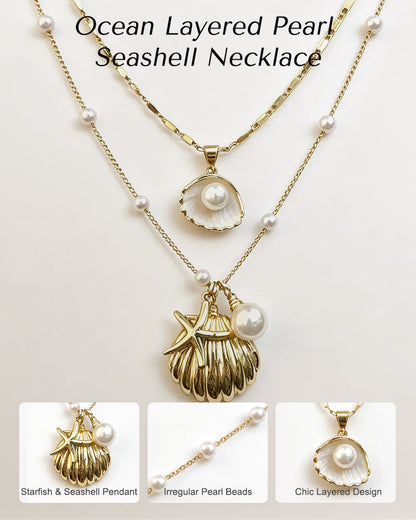 Pearl & Ocean Charm Stackable Necklace