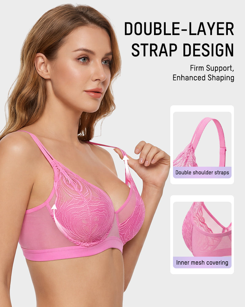 Plus Size Lace Mesh Full-Coverage Underwire Bra