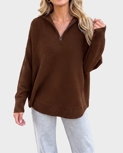 Ribbed Quarter-Zip Thumbhole Knit Pullover