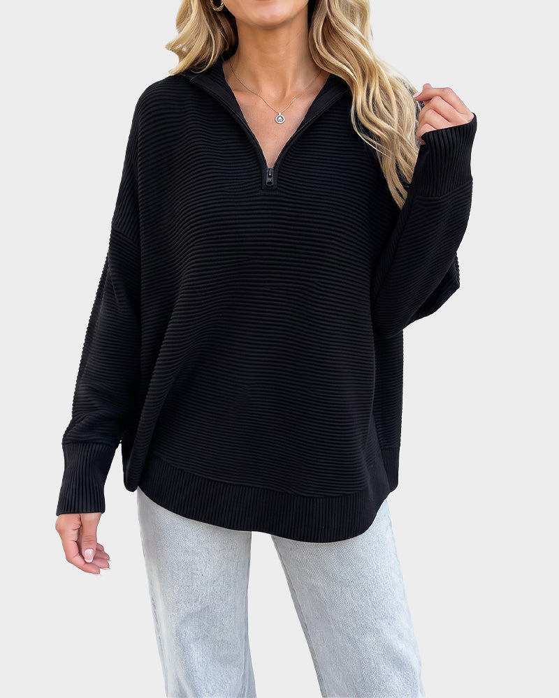 Ribbed Quarter-Zip Thumbhole Knit Pullover