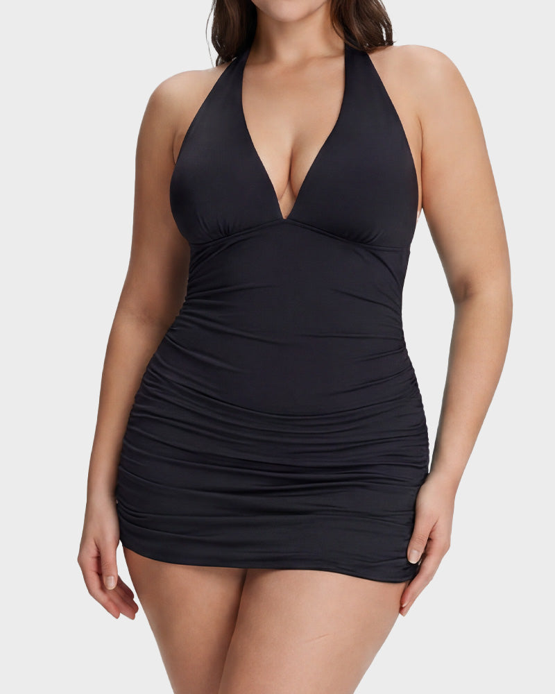 SculptSkin™ BackStage Halter V-Neck Swim Dress