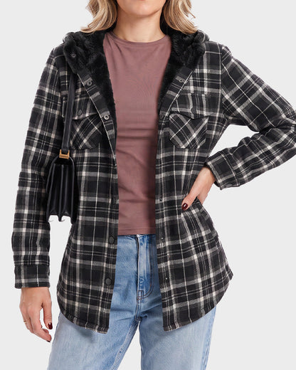 Sherpa-Lined Plaid Hooded Shacket