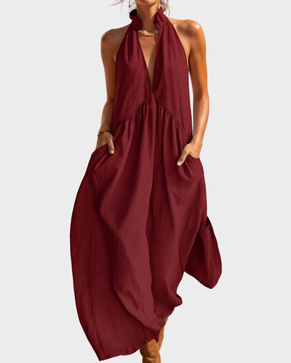 Slimming Flowy Halter Maxi Dress with Pockets