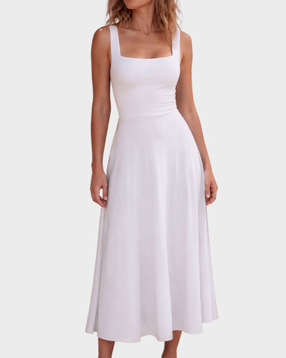 Square-Neck Back-Tie A-Line Midi Dress
