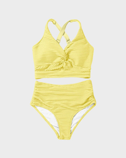 Textured Knot-Front High-Waisted Bikini Set